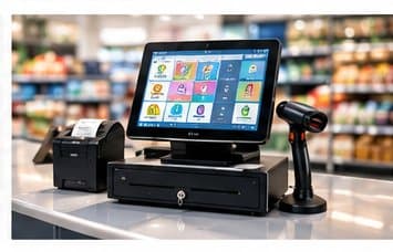 Complete POS setup with touchscreen, cash drawer, barcode scanner and receipt printer