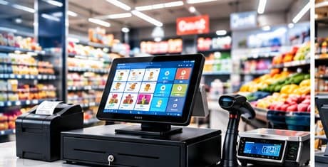 POS touchscreen terminal with cash drawer, receipt printer and barcode scanner in a supermarket